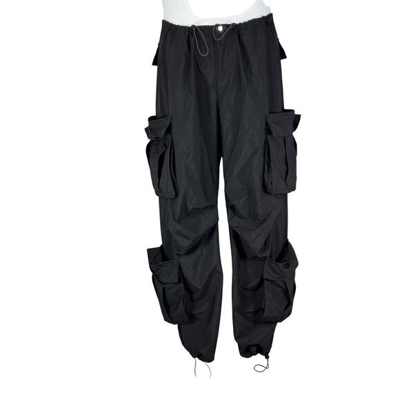 Black Hip Hop Women Baggy Multi Pocket Utility Pants Elastic Cord Waist Gorpcore - Picture 1 of 16